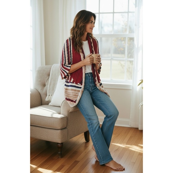 Umgee USA Women's Striped Pointelle Knit Open Front Cardigan Boho Red Multi M/L - Picture 3 of 6